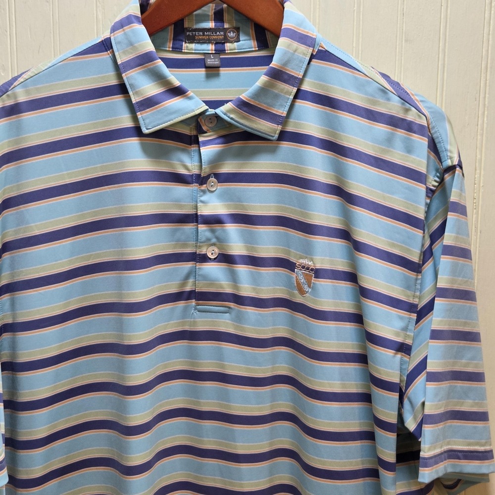 Peter Millar Summer Comfort Polo Shirt Mens L Blue Stripe Golf Stretch Top